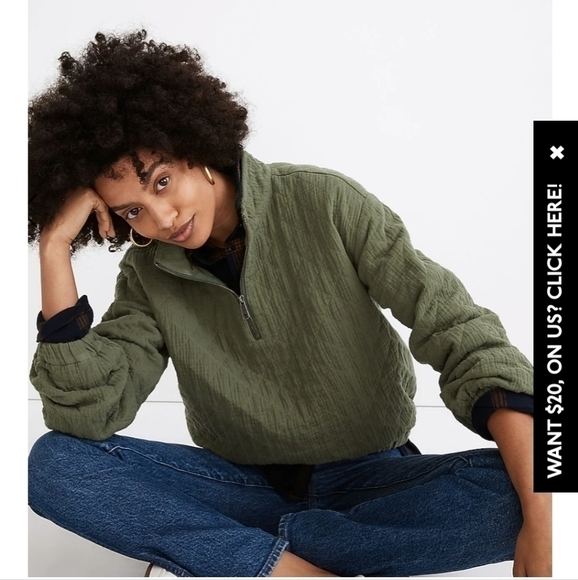 MADEWELL Diamond Jacquard Half-Zip Pullover Top in Khaki Green, SZ SMALL - Picture 2 of 12